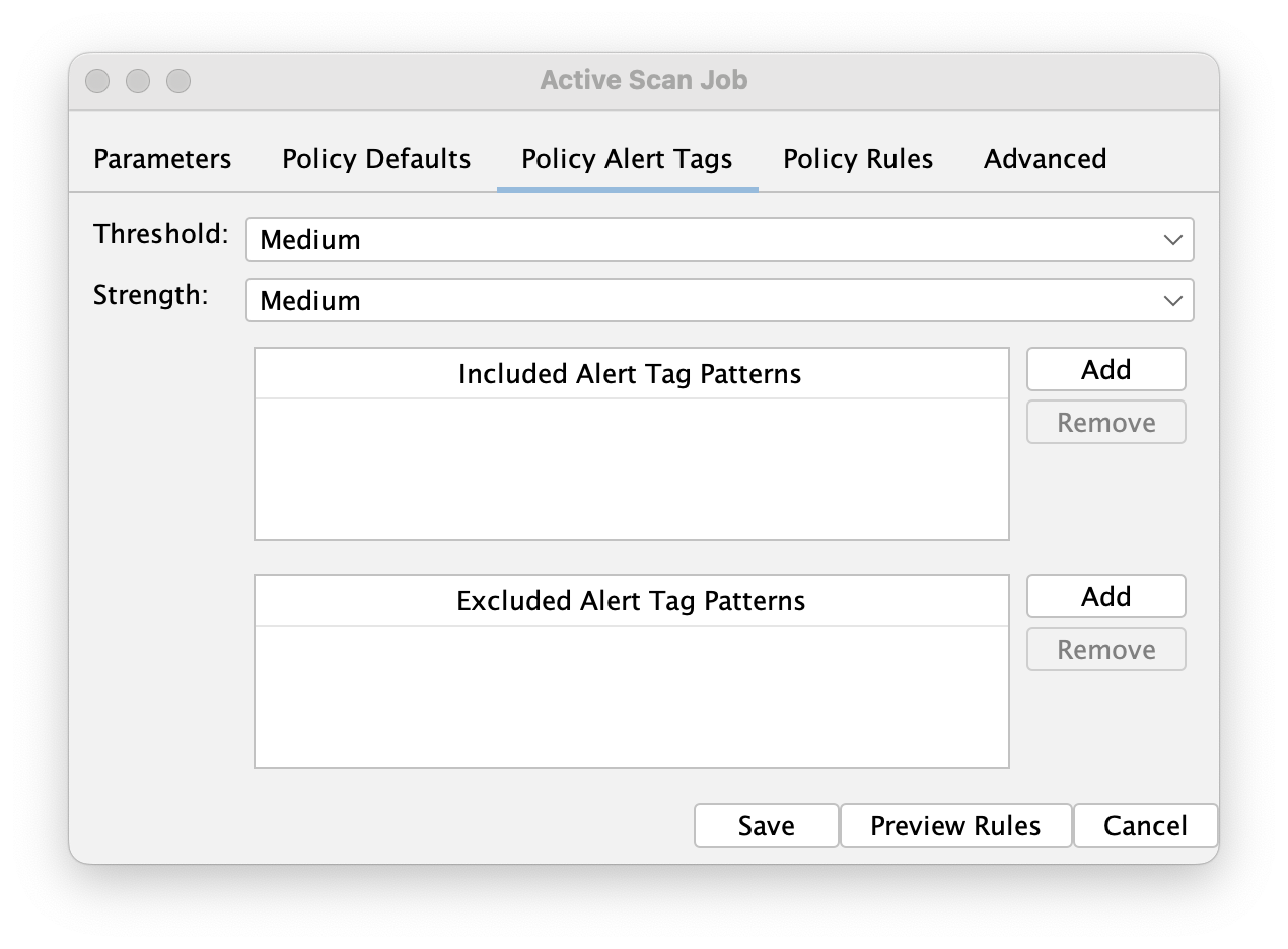 The Alert Policy Tags tab in the Active Scan Job dialog