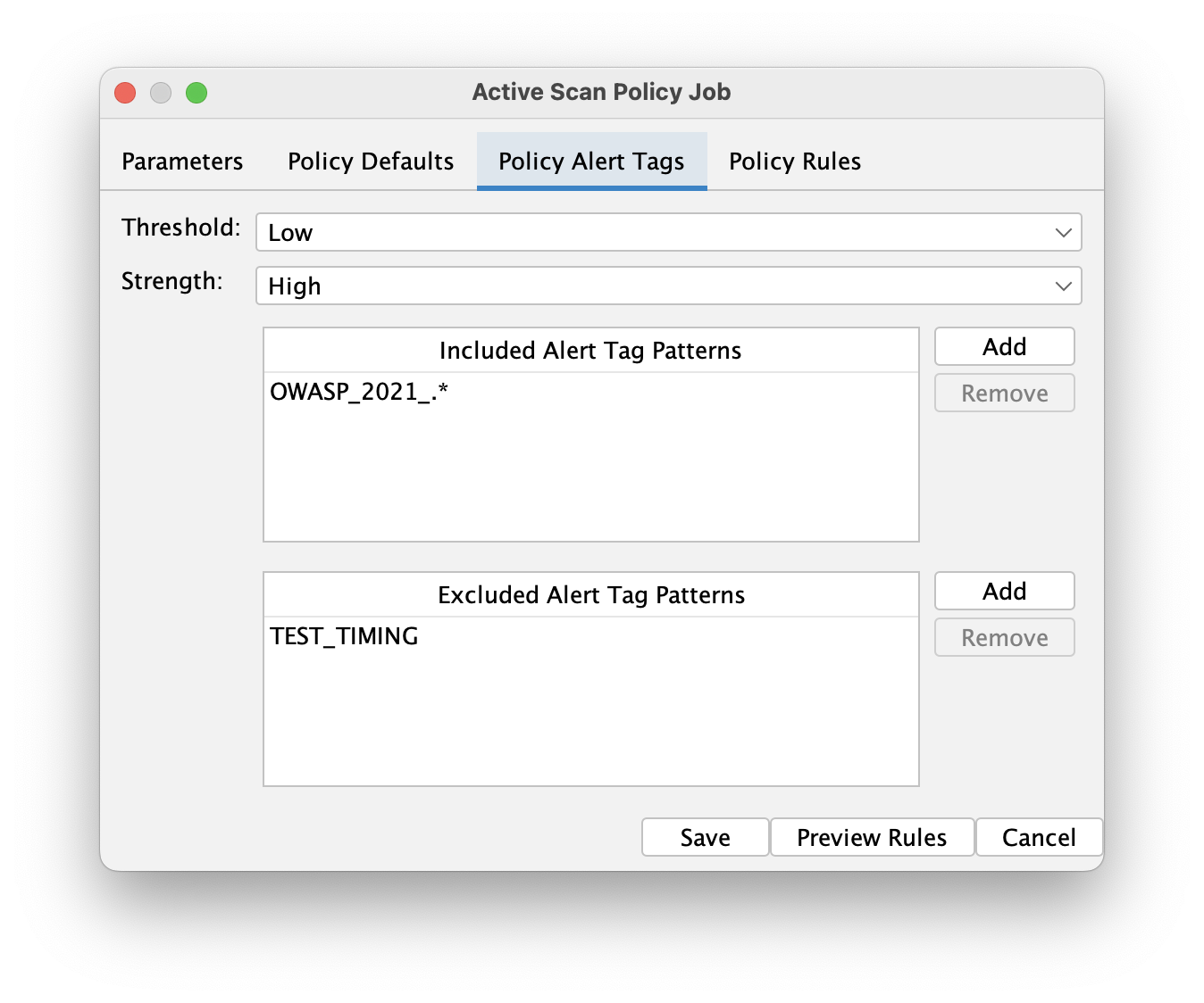 A screenshot of the Active Scan Policy Job dialog, with the new &ldquo;Policy Alert Tags&rdquo; tab selected